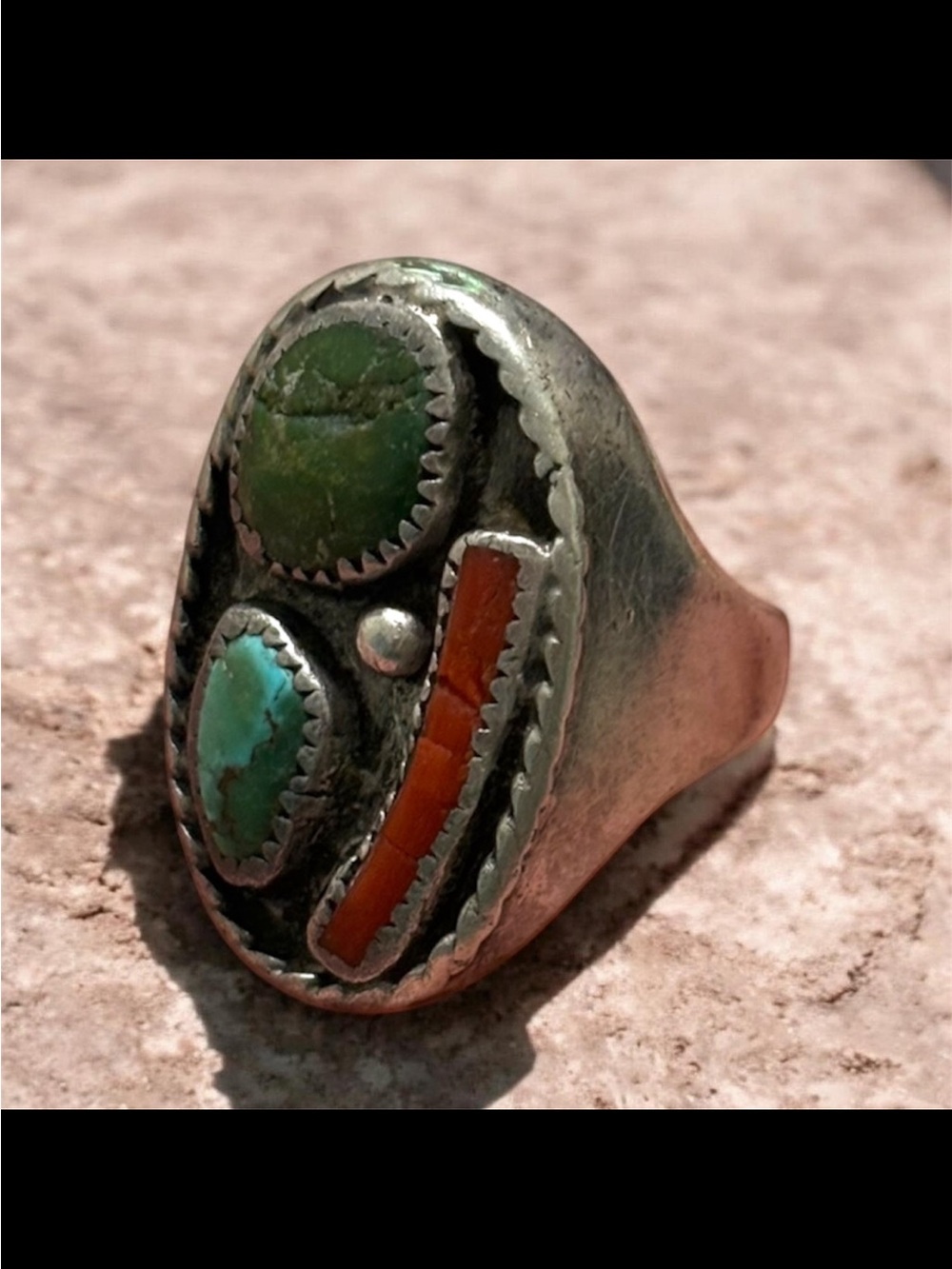 Vintage Navajo Sterling Silver Turquoise and Coral Ring Size 13